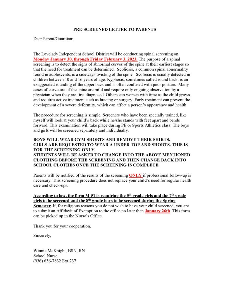 Spinal Screening Letter