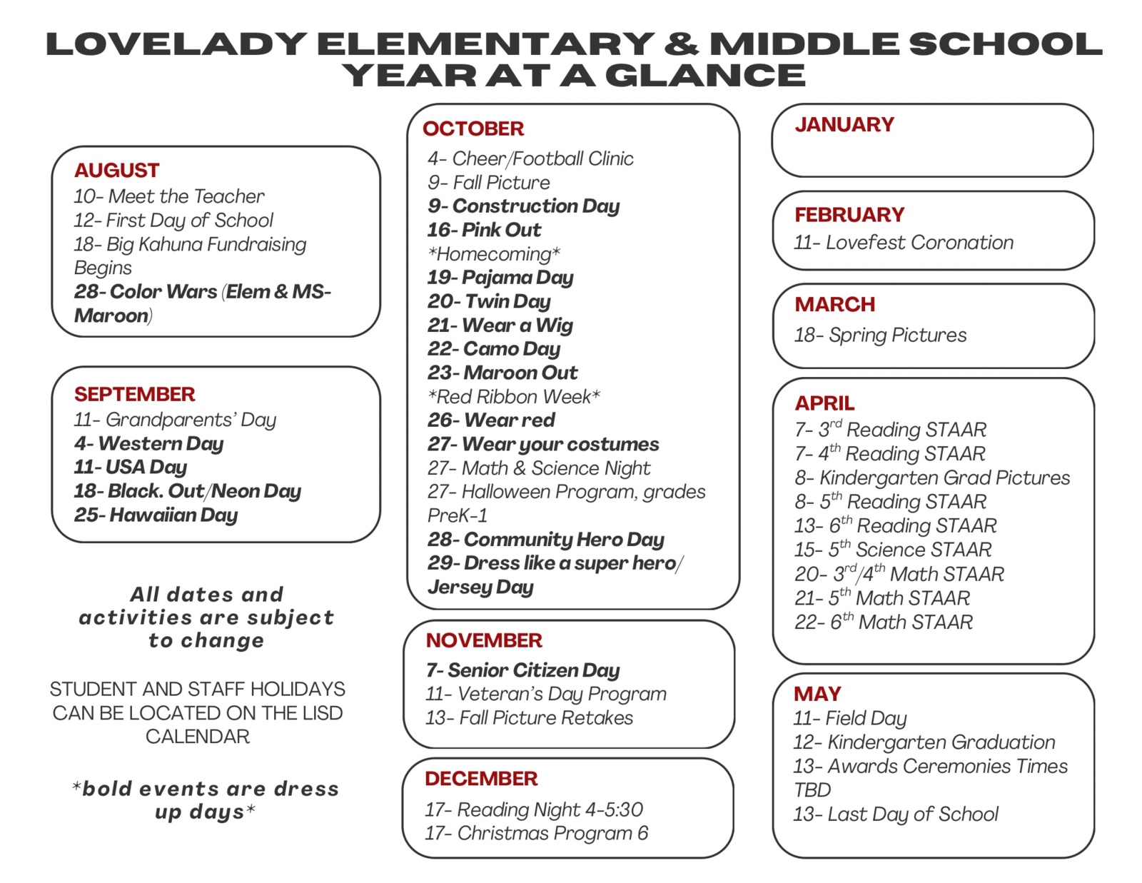 elementary Middle School Year at a Glance