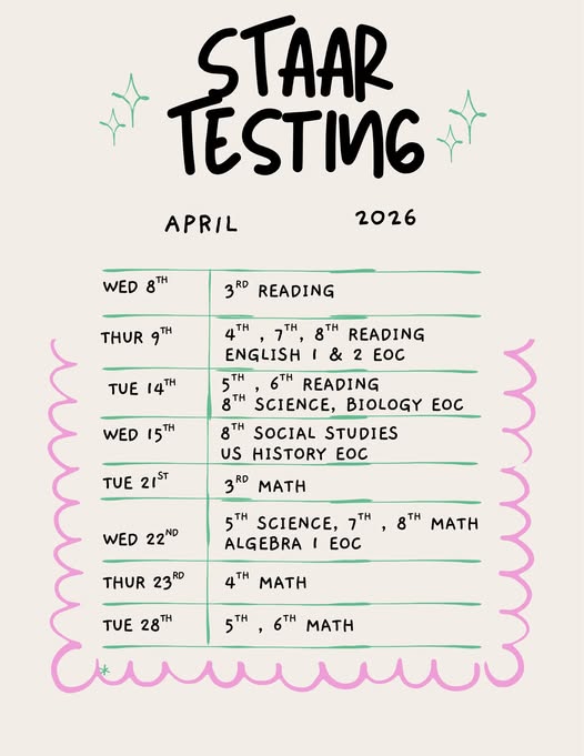 Elem/Middle School Staar Testing Dates