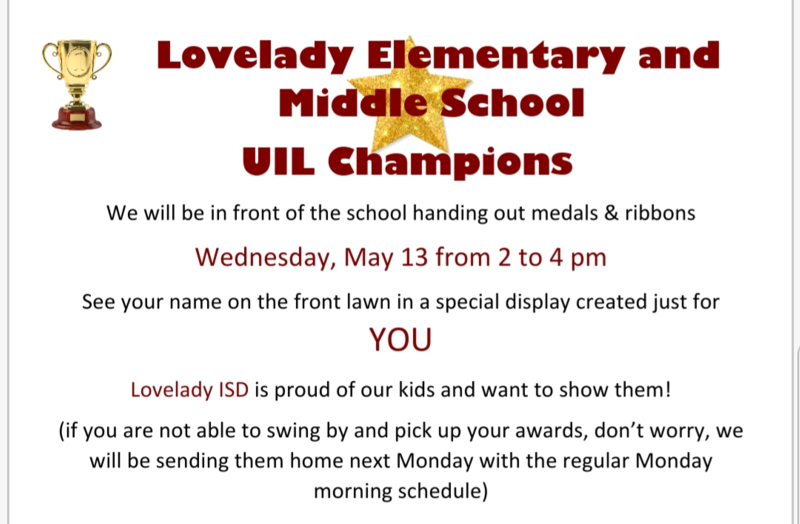 LISD Elementary Middle School UIL Awards Drive Through Pick Up